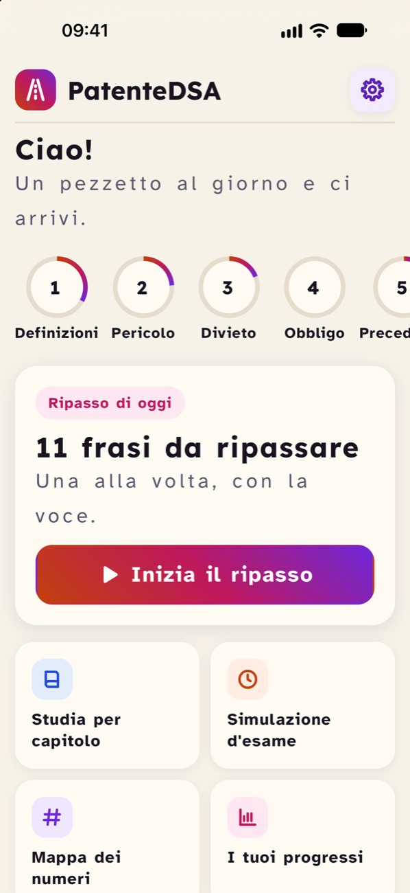 La schermata iniziale: gli anelli dei capitoli e il riquadro «Ripasso di oggi, 12 frasi da ripassare».