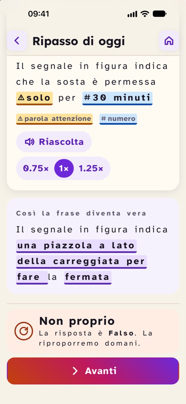 Risposta sbagliata: in basso «Non proprio, la risposta è Falso», sopra il riquadro «Così la frase diventa vera» con le parole cambiate evidenziate.