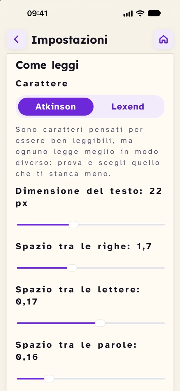 Impostazioni «Come leggi»: scelta del carattere e cursori per dimensione del testo e spazi tra righe, lettere e parole.